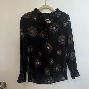 Veronica M Black Patterned Long Sleeve Blouse Ruffled Collar Top Shirt Size XS